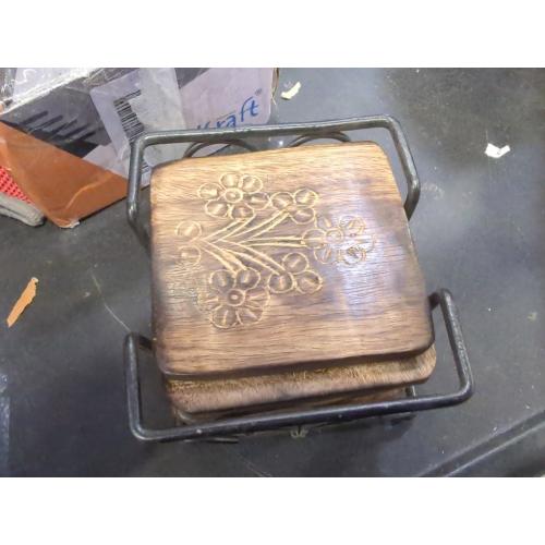 Wooden Coaster Set of 6 with Carved Flower Design on Coaster with Wrought Iron Holder for Coffee Table/Kitchen/Dining Table