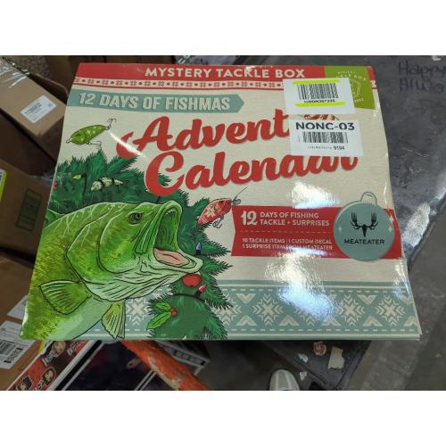 Mystery Tackle Box 12 Days of Fishmas Advent Calendar – Bass Fishing Lure Gift Set with 35 baits & lures including 10 Premium Baits, Holiday Decal & Meateater Trivia Pack