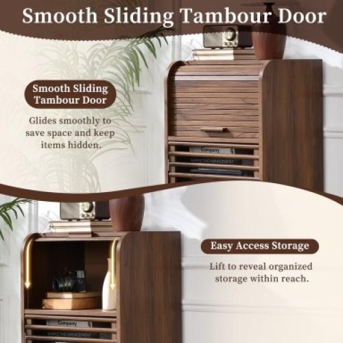 Mid-Century Modern Accent Cabinet, Narrow Cabinet with Tambour Sliding Door and Slatted Front Design, Storage Cabinet with Adjustable Shelf for Living Room, Entryway, Hallway or Small Spaces