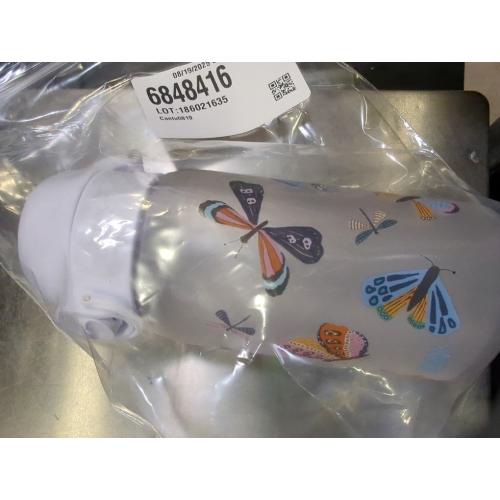 Small Water Bottle, 350 ml/12 oz, Leak Proof, Easy to Open, Secure Lock, Dishwasher Safe, BPA Free, Carry Handle, Hygienic Flip Cover, Easy Clean, Odor Free, Carbon Neutral, White, Wild Butterfly