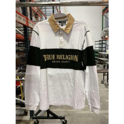Size S True Religion Men's Flatlock Paneled Rugby Polo Shirt White, Black, and Khaki