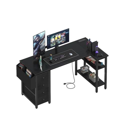 Lufeiya black L Shaped Desk with Drawers & Storage Shelves, 55 Inch Corner Computer Desk with Power Outlet for Home Office Bedroom, L-Shaped Teen PC Desks with Fabric Drawer, black