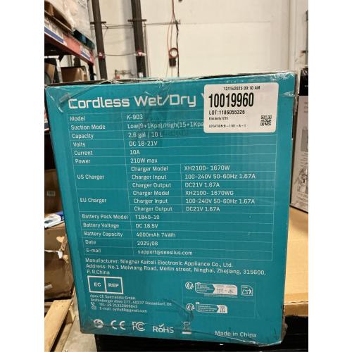 Seesii Cordless Shop Vac Wet and Dry, 2.6 Gallon Small Shop Vac with Accessory Storage Holder, 2 x 4.0Ah Batteries, 3-in-1 Wet Dry Vacuum with HEPA Filter, Strap, Ideal for Garage, Car, Workshop