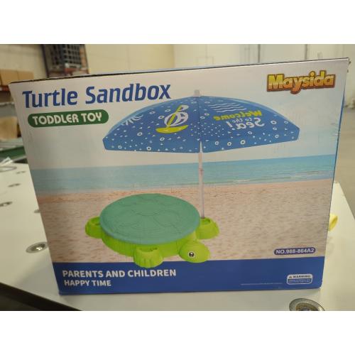 Upgraded Kids Turtle Sandbox with Lid & Adjustable Umbrella, Truck Toy & 8pcs Sand Shovels, Sand Box with Cover, Beach Toys for Toddlers 3-5, Plastic Indoor Outdoor Play Toys Gift for Girls Boys