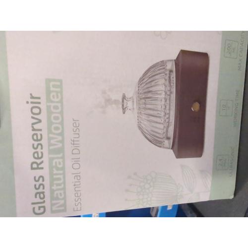 Light Brown Wood and Glass Essential Oil Diffuser with Glass Reservoir & Wood Base, 200ml Ultrasonic Lock Color Timer Auto-Off 7 Color Light Aroma Glass Dome Diffuser for Home Office Bedroom Yoga