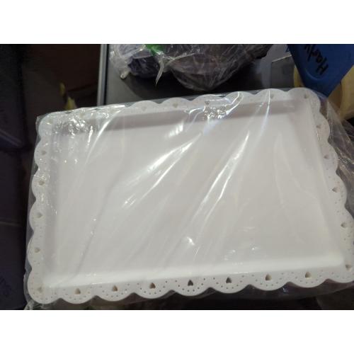 Peohud 12 Pack White Plastic Serving Tray with Lace Rim, Rectangle Food Trays, Disposable Serving Platters and Trays for Party, Wedding, Restaurant, 14.4 x 9.3