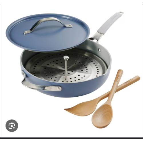 Tramontina All-in-One Plus Pan Quart Ceramic Non Stick Cooking Pan with Lid, Steamer Insert, Bamboo Utensil Blue