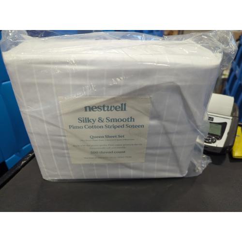 Nestwell Pima Cotton 500-Thread-Count Queen Sheet Set in White Stripe