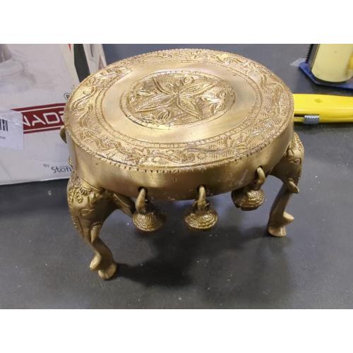 eSplanade Brass Round Mandir Chowki | Elephant Pillars Pooja God Stool with Ghungroo