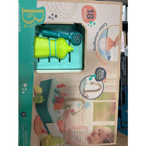 B. toys – Sink Play Set – Toy Kitchen Sink – Faucet & Running Water, Dishes, Play Food – Pretend Play Set For Kids – 3  Years– Splash – n – Scrub Sink