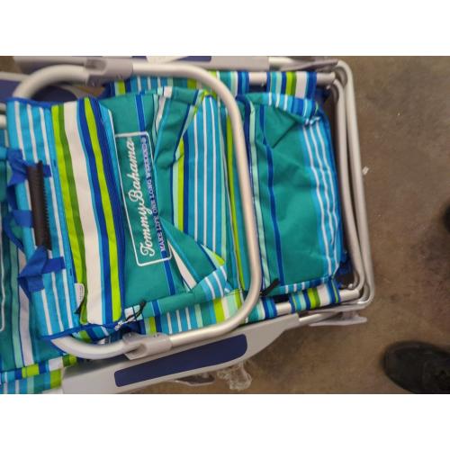 Tommy Bahama 5 Position Beach Chair, Zippered Insulated Cargo Pouch, Cup and Cell Phone Holders, Towel Bar, Pillow for Extra Comfort, Heavy-Duty Weight Capacity, 2-Pack (Aqua Stripes)