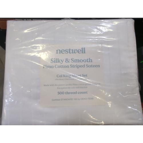 Bright White Striped Cali King Size Nestwell Pima Cotton 500-Thread-Count California King Sheet Set in White Stripe