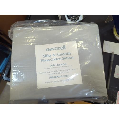 Twin Size, Harbor Mist Nestwell Pima Cotton Sateen 500-Thread-Count Twin Sheet Set in Harbor Mist