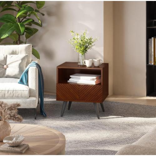 Bme Rhombus Wooden Nightstand with Storage Drawer – Solid Rubber Wood, Brown