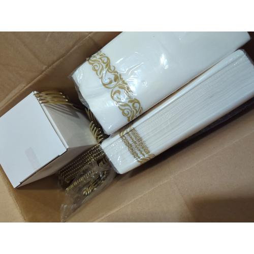 I00000 50 Guests Clear Gold Plastic Plates, Gold Disposable Dinnerware Set Includes: 100 Plastic Plates, 50 Silverware Set, 50 Disposable Cups, 50 Napkins Perfect for Party & Wedding