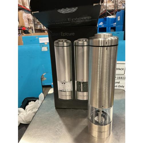 Electric Salt & Pepper Grinder Set – Battery Operated Stainless-Steel Mills & Shakers with Light, Adjustable Ceramic Grinders & Acrylic Rest Tray