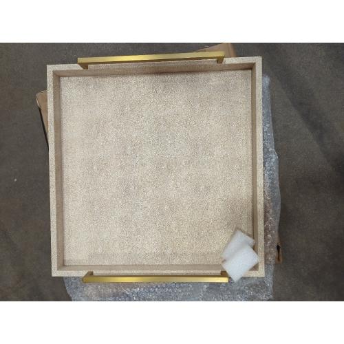 Large Ottoman Tray for Coffee Table,Square Shagreen Leather Decorative Tray with Gold Handles for Living Room Decor