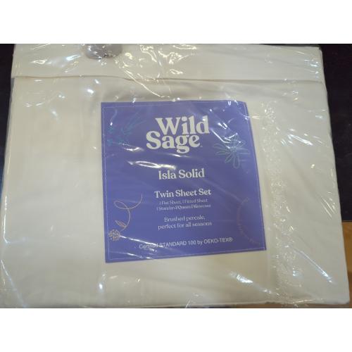 Coconut Milk Twin Size Wild Sage Brushed Cotton Percale 300-Thread-Count Twin Sheet Set in Coconut Milk