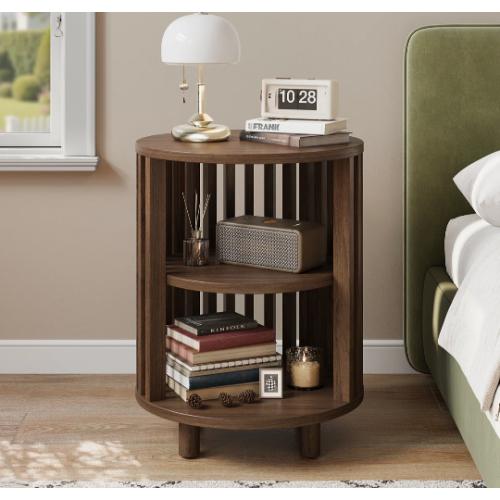 Yeva Mid Century Walnut Modern Nightstand, Round Bedside Table With Open Shelf