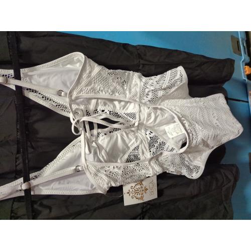 Size Medium BECCA Color Play One Piece Swimsuit, Plunge Neck, Crochet, Bathing Suits for Women