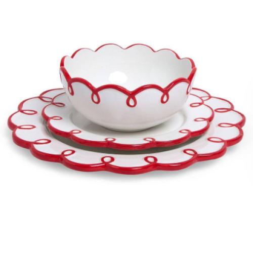 Sango 12-Piece Earthenware Dinnerware Set for 4, Glossy White Plates and Bowls Sets with Red Scalloped Rims,