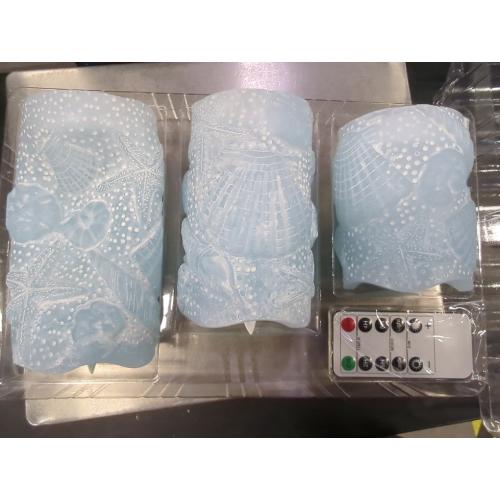Silverstro Ocean Flameless Candles Remote Carved Seashell Real Wax Flicker Battery Operated Candles for Home Party Wedding Nautical Thanksgiving Christmas Easter Decor - Set of 3(Blue)