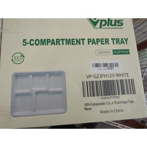 Vplus 100% Compostable 5 Compartment Plates 125 Pack Eco-Friendly Disposable Sugarcane 10 x 8 inch Bagasse School Lunch Tray Perfect for Boys and Girls
