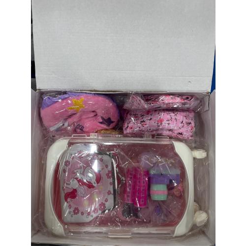 Doll Suitcase Travel Set, 18 inch Doll Clothes and Accessories - 28 Pcs Travel Pillow, Unicorn Bag, Sunglasses, Camera, Computer, Phone, Passport, Birthday Gift for Age 3 4 5 6 Year Old Girls