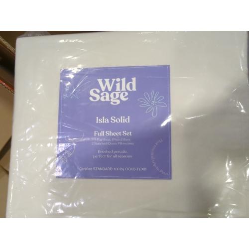 Wild Sage Brushed Cotton Percale 300-Thread-Count Full Sheet Set in Coconut Milk