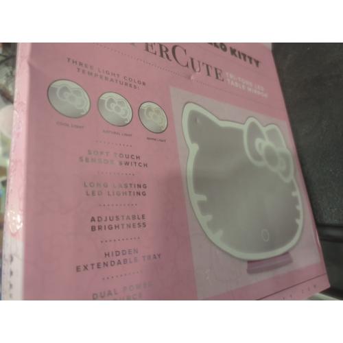 Impressions Vanity Supercute Hello Kitty Tabletop Desk Mirror with Lights and Touch Sensor Switch, Adjustable Tri Tone LED Lighted Makeup Mirror with Hidden Extendable Tray and Phone Holder
