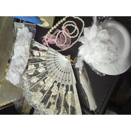 ZEAYEA 5 Pcs Girls Tea Party Set, Includes Gloves Hat Necklace Bracelet Fan for Girls Costume, Girl Tea Party Supplies Dress Up Play Set for Playtime Birthday Easter Halloween Accessories