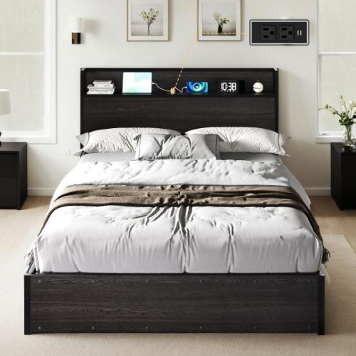 Shila Lift Up Storage Full Bed Frame & Charging Station, Black