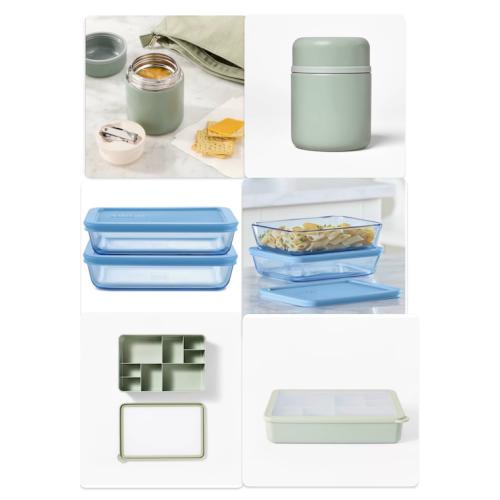 Pyrex® Simply Store® Tint 4pc & 13.5oz Double Walled Stainless Steel Vacuum Food Jar with Spoon Green & 8 Compartment Large Plastic Snack Bento Box Sage beige