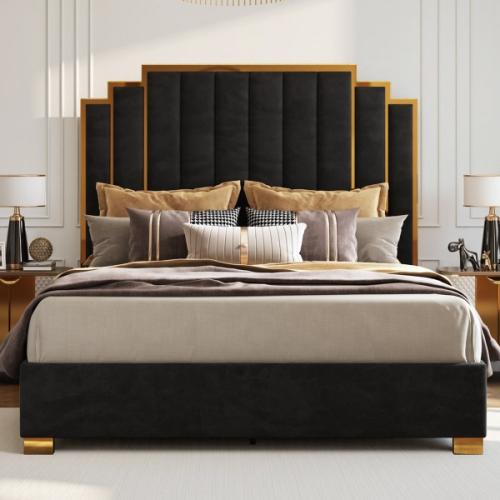 Duncanville Upholstered Platform King Bed Black and Gold