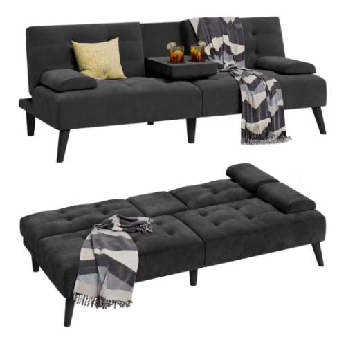 Convertible Futon Sofa Bed, Foldable Futon Sleeper Sofa Bed with 2 Cup Holders Black