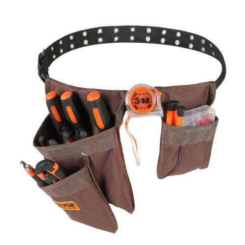 Vevor Tool Belt 13 Pockets Polyester Heavy-Duty Tool Pouch Bag for Electrician, Carpenter, Handyman Brown