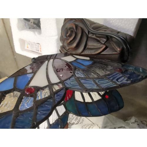 Bedside Table Lamp LED Tiffany Blue Fairy Butterfly Nightstand Table Lamps Stained Glass Shade ON Off Switch Home Office Desk Lamp Night Light Girl Grandma Mothers Day Gifts W/Gift Box