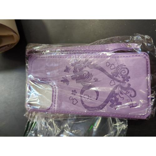 iCoverCase for iPhone 13 Wallet Case with Card Slots Holder Kickstand [RFID Blocking] Embossed Leather Magnetic Shockproof Cover with Wrist Strap (Heart Purple), Purple