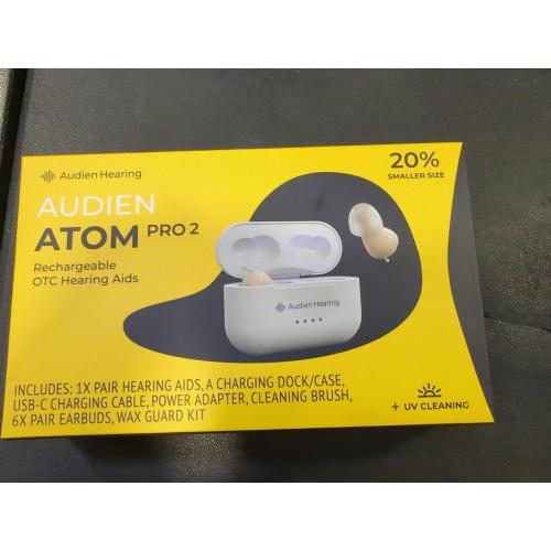 White Case Nude Aid Audien Hearing Atom Pro 2 Rechargeable, over the counter, Hearing Aid, 0.6 lb – Comfortable, Lightweight, Battery