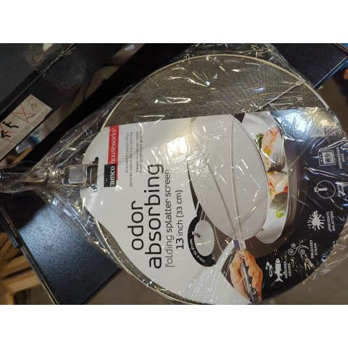 Silver 13 Amco Stainless-Steel Odor Absorbing Splatter Screen with Foldable Handles, 13-Inch Stainless Steel Grease Splatter Guard, Fine Mesh for Frying Pan