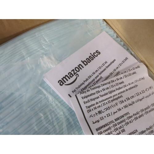 Amazon Basics Dog and Puppy Pee Pads, 5-Layer Leak-Proof Super Absorbent, Quick-Dry Surface, Potty Training, Regular (22x22), 100 Count, Blue & White