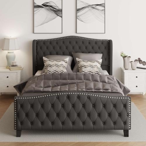 Mieya Velvet Upholstered Platform Queen Bed Frame with Button Tufted Wingback Headboard and Footboard Black
