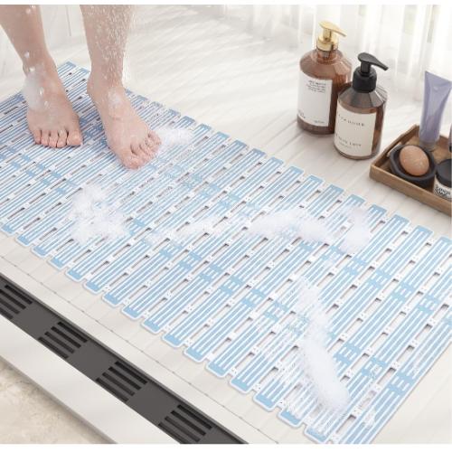 Color&Geometry Shower Mat Non Slip Bath Mat for Tub 16x36 Bathtub Mat Non Slip Shower Mat for Shower, Bath Mat with Powerful Suction Cup and Drain Holes, Easy to Cut, Light Blue