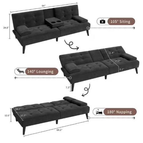 Convertible Futon Sofa Bed, Foldable Futon Sleeper Sofa Bed with 2 Cup Holders Black
