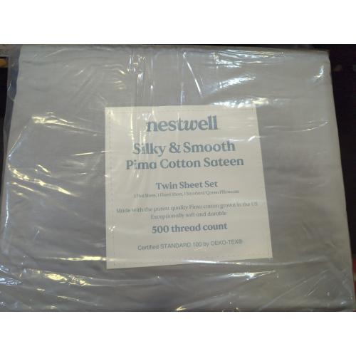 Harbor Mist Twin Size Nestwell Pima Cotton Sateen 500-Thread-Count Twin Sheet Set in Harbor Mist