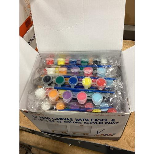 Mini Canvas and Easel Set with 10 Colors Acrylic Paint in Bulk Set of 12 - Kids Art Party Favors & Party Supplies - 4x4 Small Canvases for Painting with Mini Easel - Paint for Kids