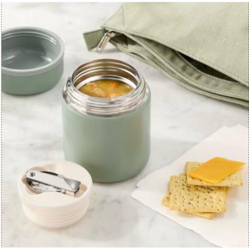 Pyrex® Simply Store® Tint 4pc & 13.5oz Double Walled Stainless Steel Vacuum Food Jar with Spoon Green & 8 Compartment Large Plastic Snack Bento Box Sage beige