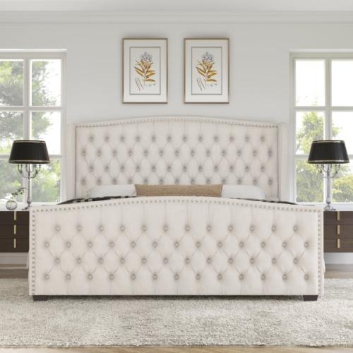 DuJuan Deep Button Tufted Upholstered King Bed with Nailhead Trim Wingback Headboard Cream