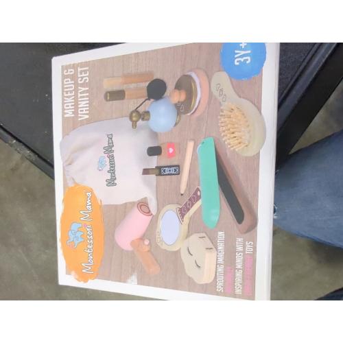 Montessori Mama Makeup and Salon Set - Wooden Pretend Play Beauty Play Makeup Kit with Styling Tools and Cosmetics - Pretend Makeup for Toddlers for 4 Year Old Girl