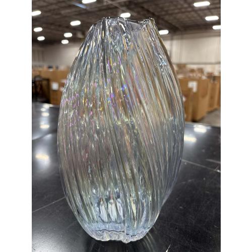 Set of two Vintage Style Iridescent Swirled Glass Vase Rainbow large and medium Opalescent Ribbed Round Bubble